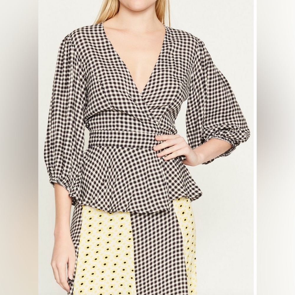 Ganni Black and White Gingham Wrap Peplum Blouse